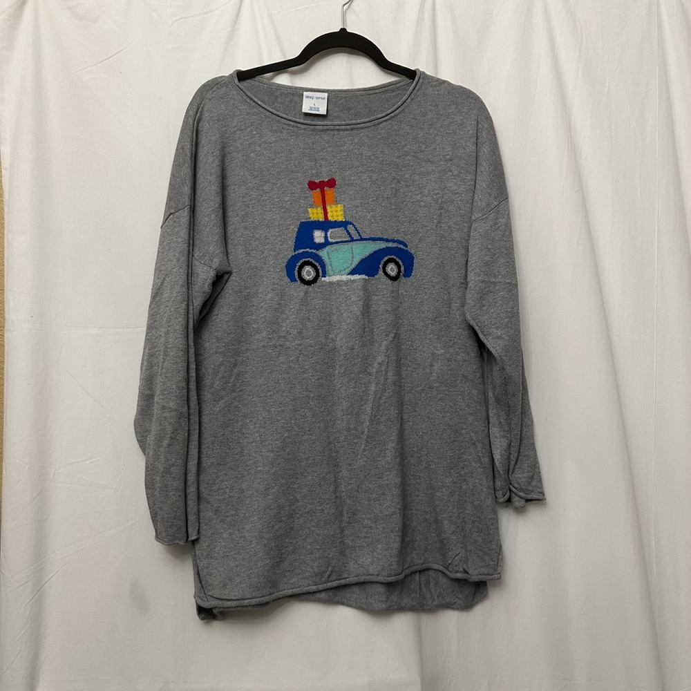 Sleep Sense Gray Holiday Christmas Car Gift Knit Pajama Top Large Cotton Rayon